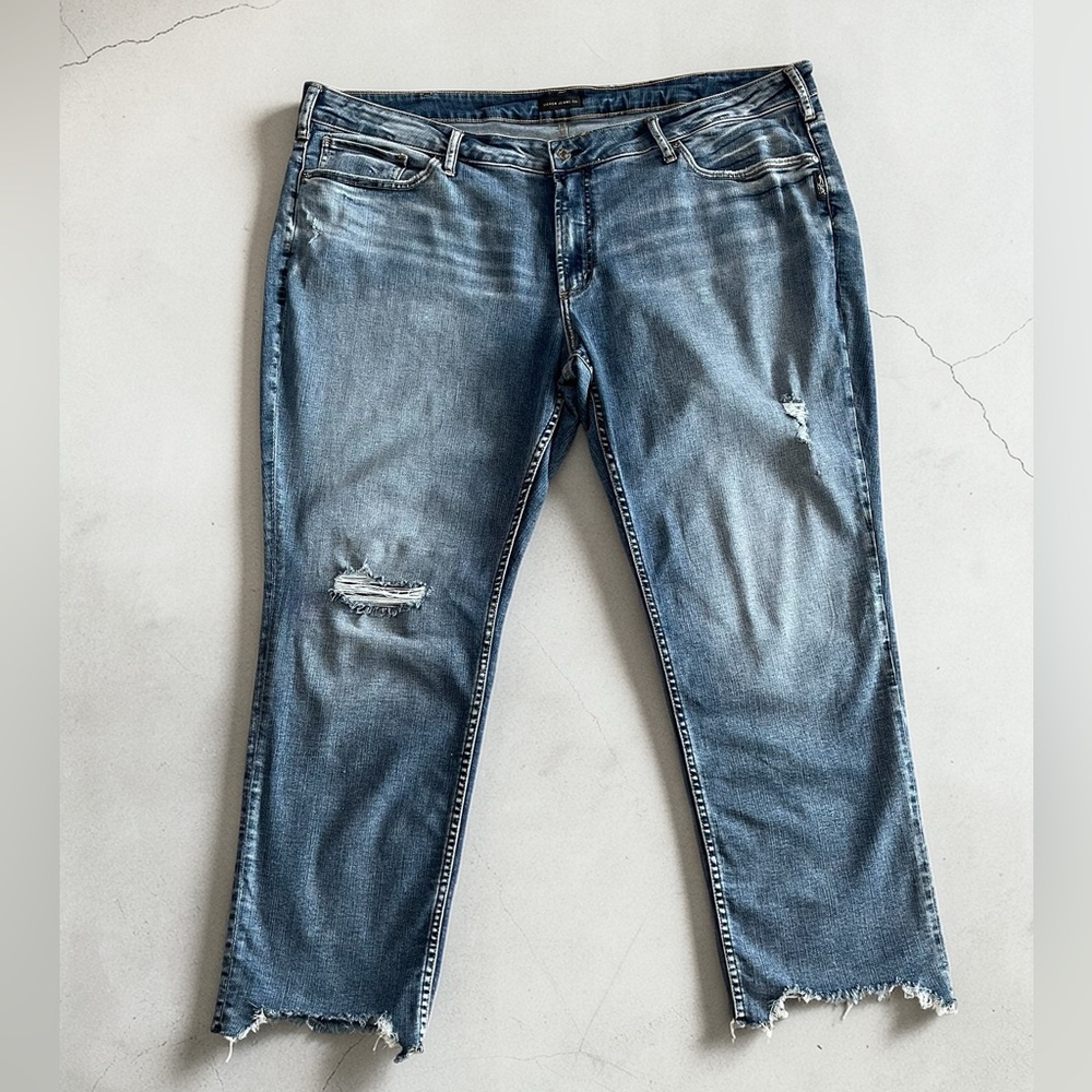 Silver Jeans Boyfriend Women's Distressed Blue Jeans Sz 24 Raw Hem 29” Inseam